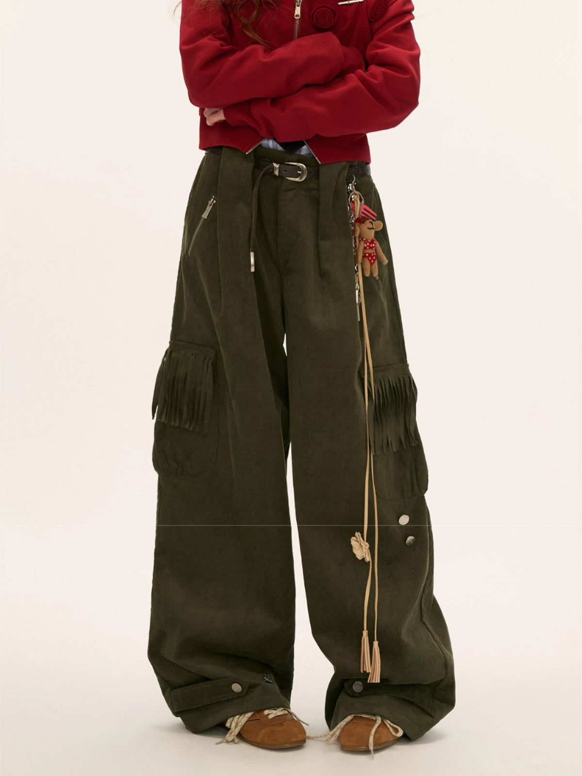 Fringed Corduroy Straight-Leg Pants