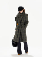 Gray Plaid Detachable Scarf Wool Coat