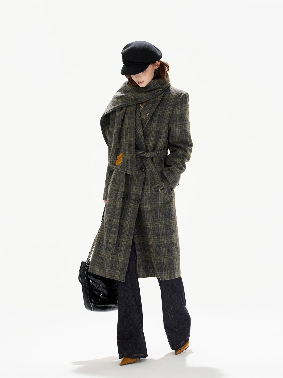 Gray Plaid Detachable Scarf Wool Coat