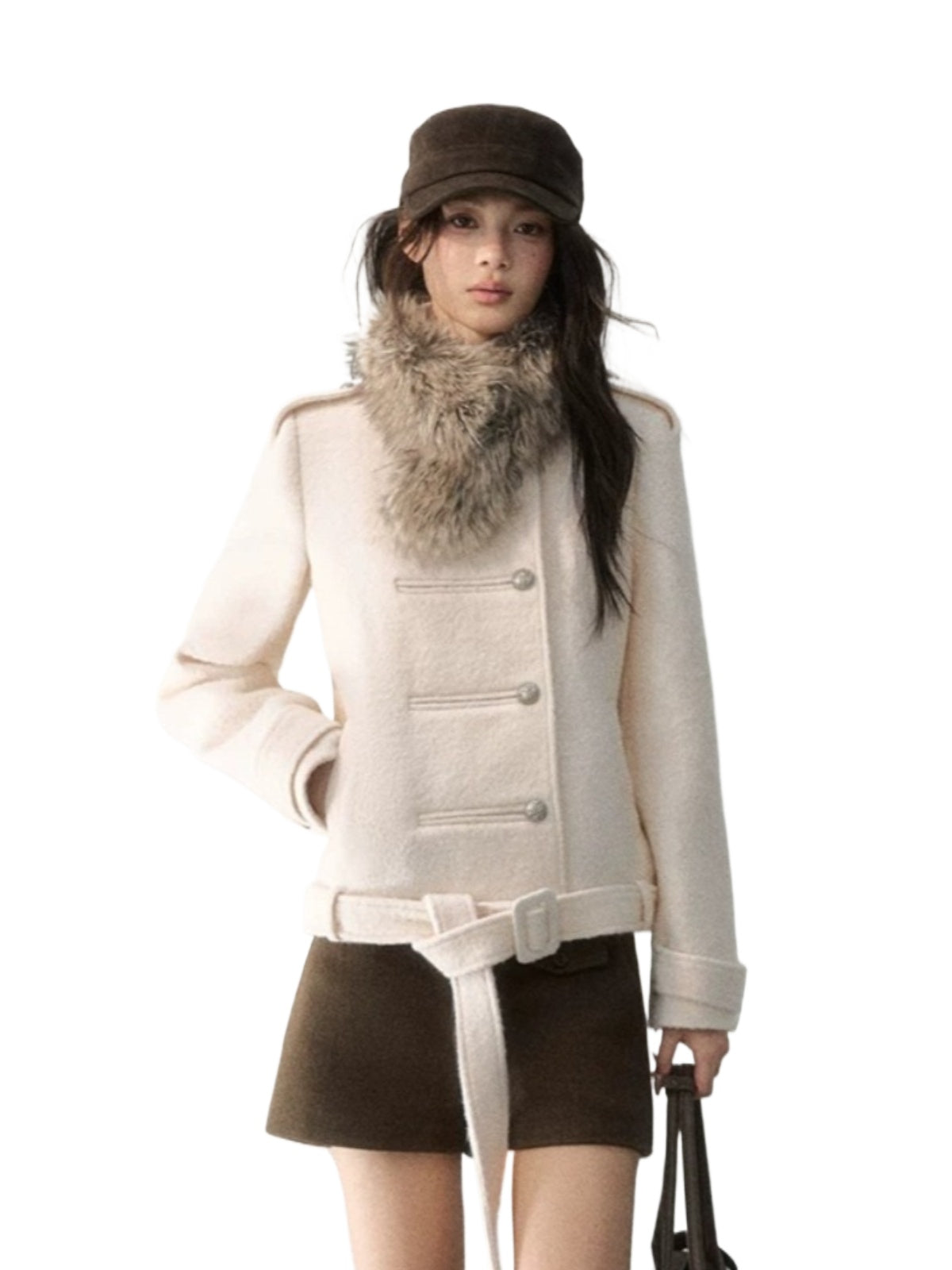 Fur-Collar Belted Wool Bouclé Coat