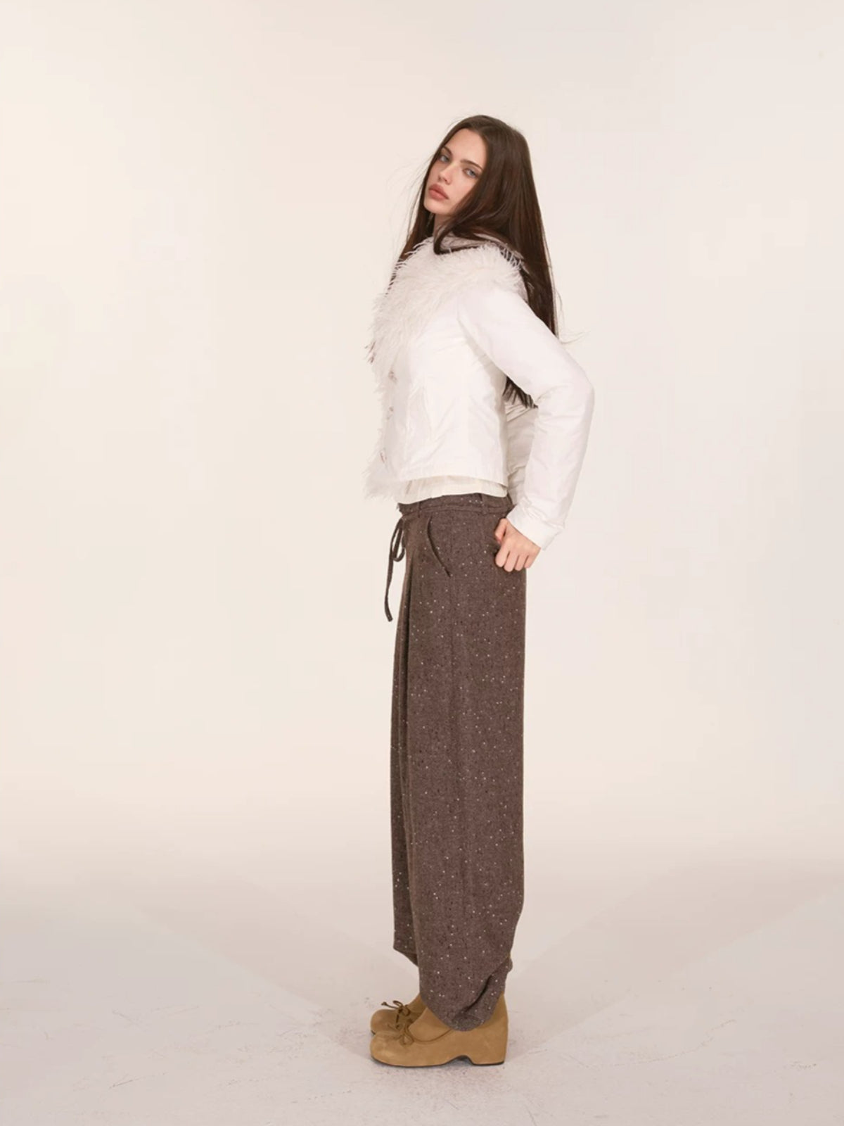 Speckled Wool Blend Wide Leg Pants