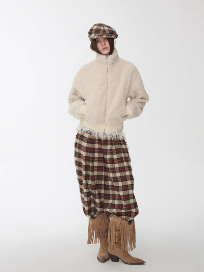 Vintage Red Plaid Brushed Cotton Wide-Leg Pants