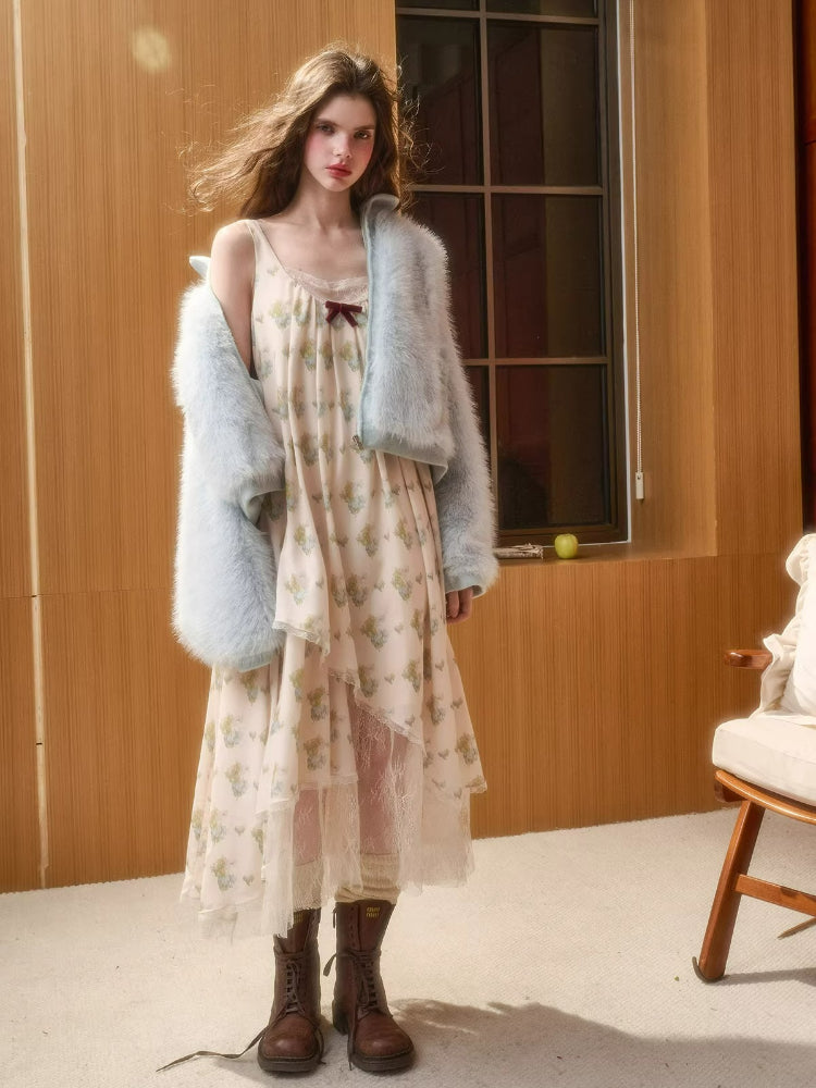 Blue Doll Collar Faux Fur Jacket