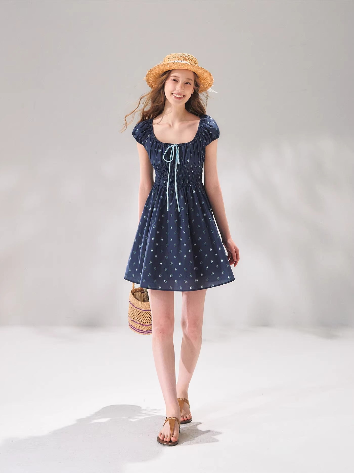 French Floral Tie Waist Dress