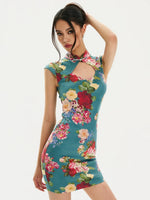Floral Velvet Mandarin Collar Qipao Dress