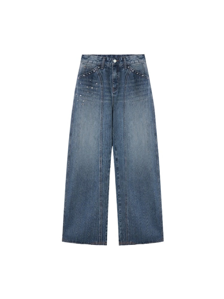 Blue Vintage Studded Wide-Leg Jeans