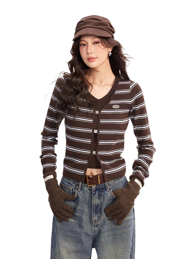 Fake Two-piece V-neck Striped Knit Top