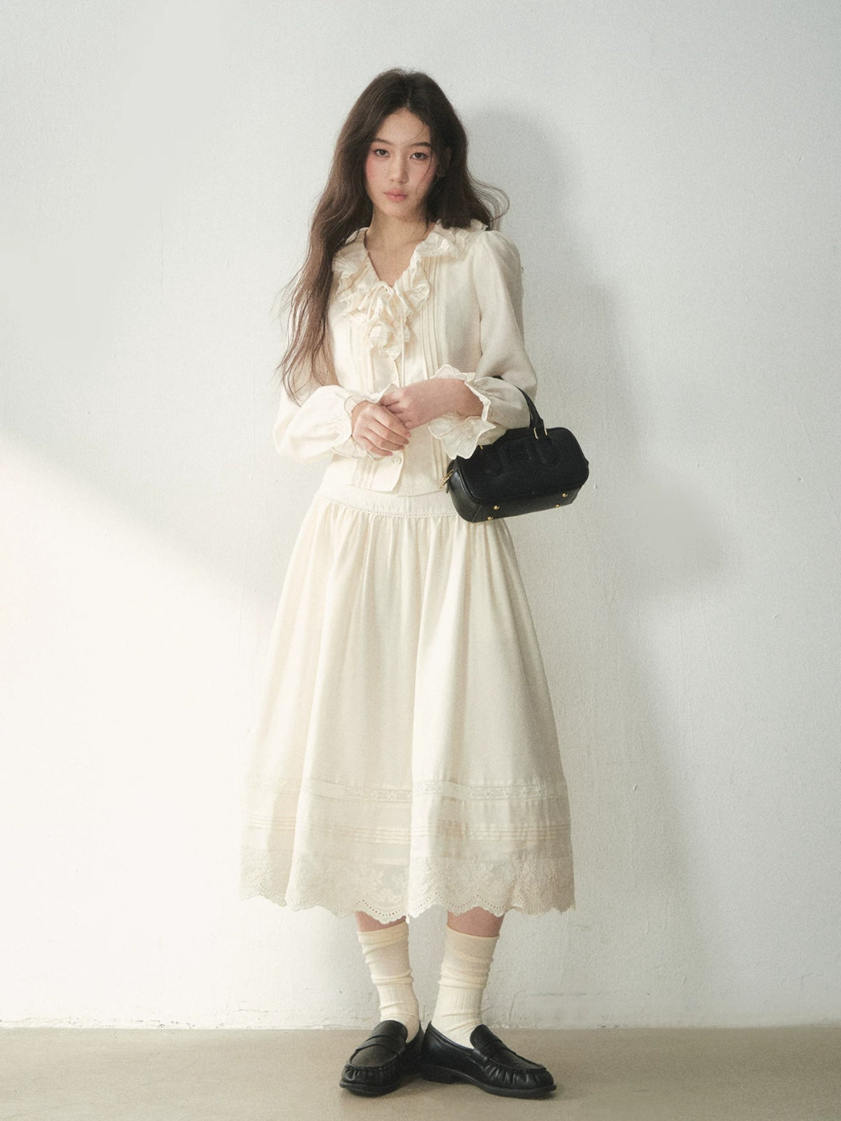 Vintage Ruffle Lace Shirt &amp; Skirt Set