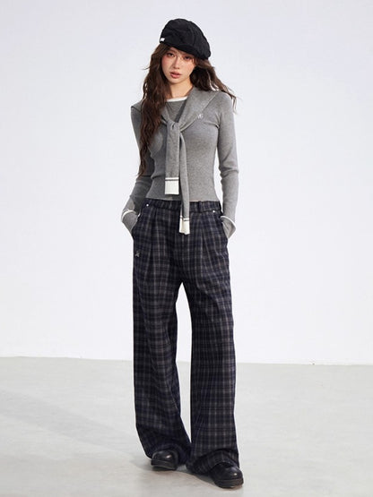Gray Fleece Checkered Wide-Leg Pants