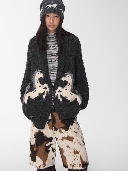 Pony Jacquard Horn-Button Chunky Cardigan