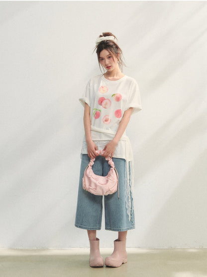 Fruit Print Lace-Trimmed Tie-Up T-shirt