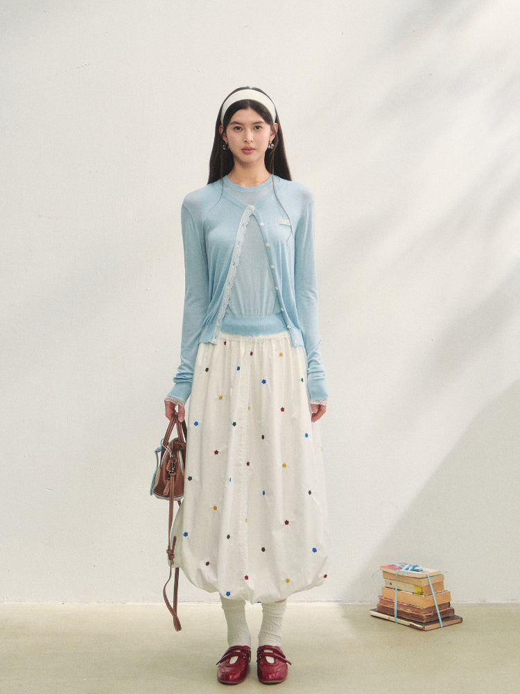 White Heavy-duty Floral Embroidered Midi Skirt