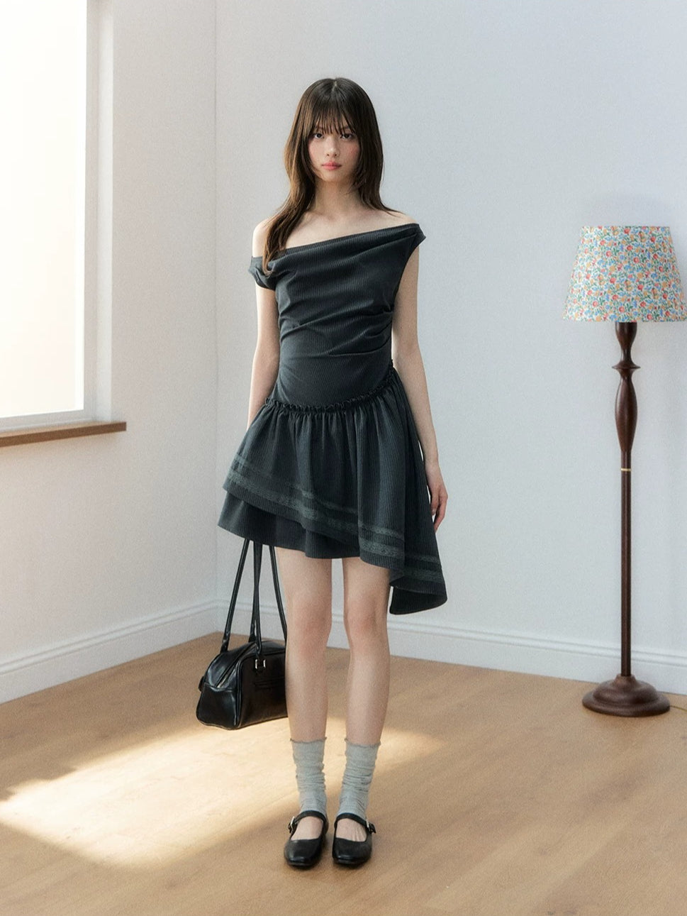 Deep Gray Asymmetric Fitted Dress