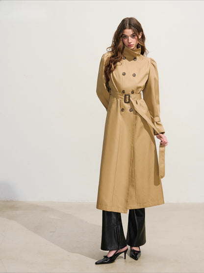 Khaki Puff-Sleeve Double-Breasted Long Trench Coat