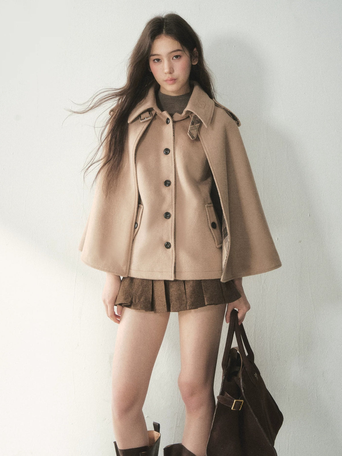 Vintage Plaid Panel Wool Cape Coat