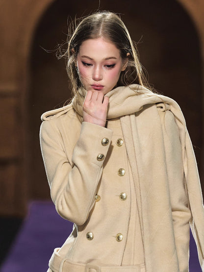 Wool Scarf-Collar Double-Breasted Dress