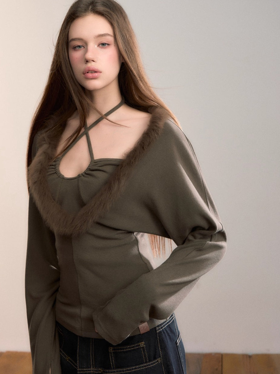 Fox-Trim Halter Knit Top