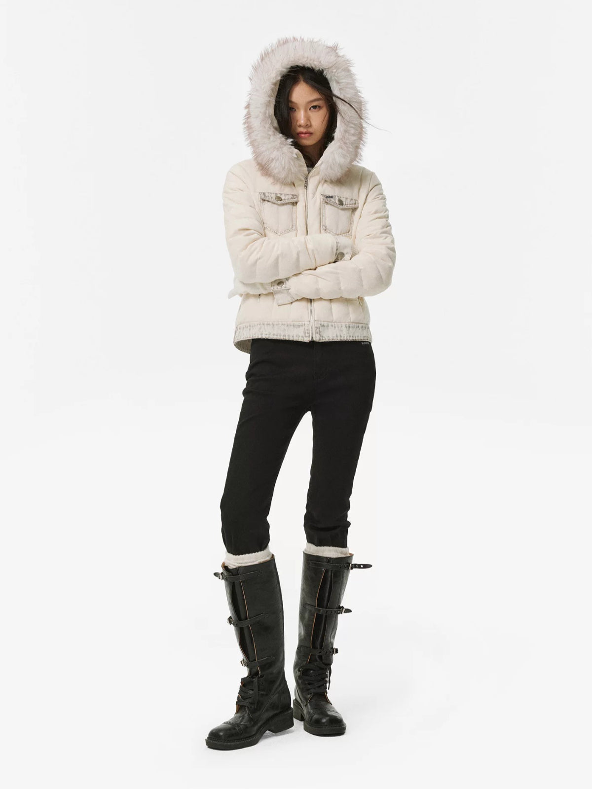 Denim Trim Fur-Collar Down Jacket