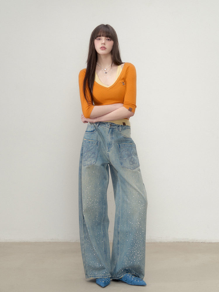 3D Rhinestone Wide-Leg Denim Pants