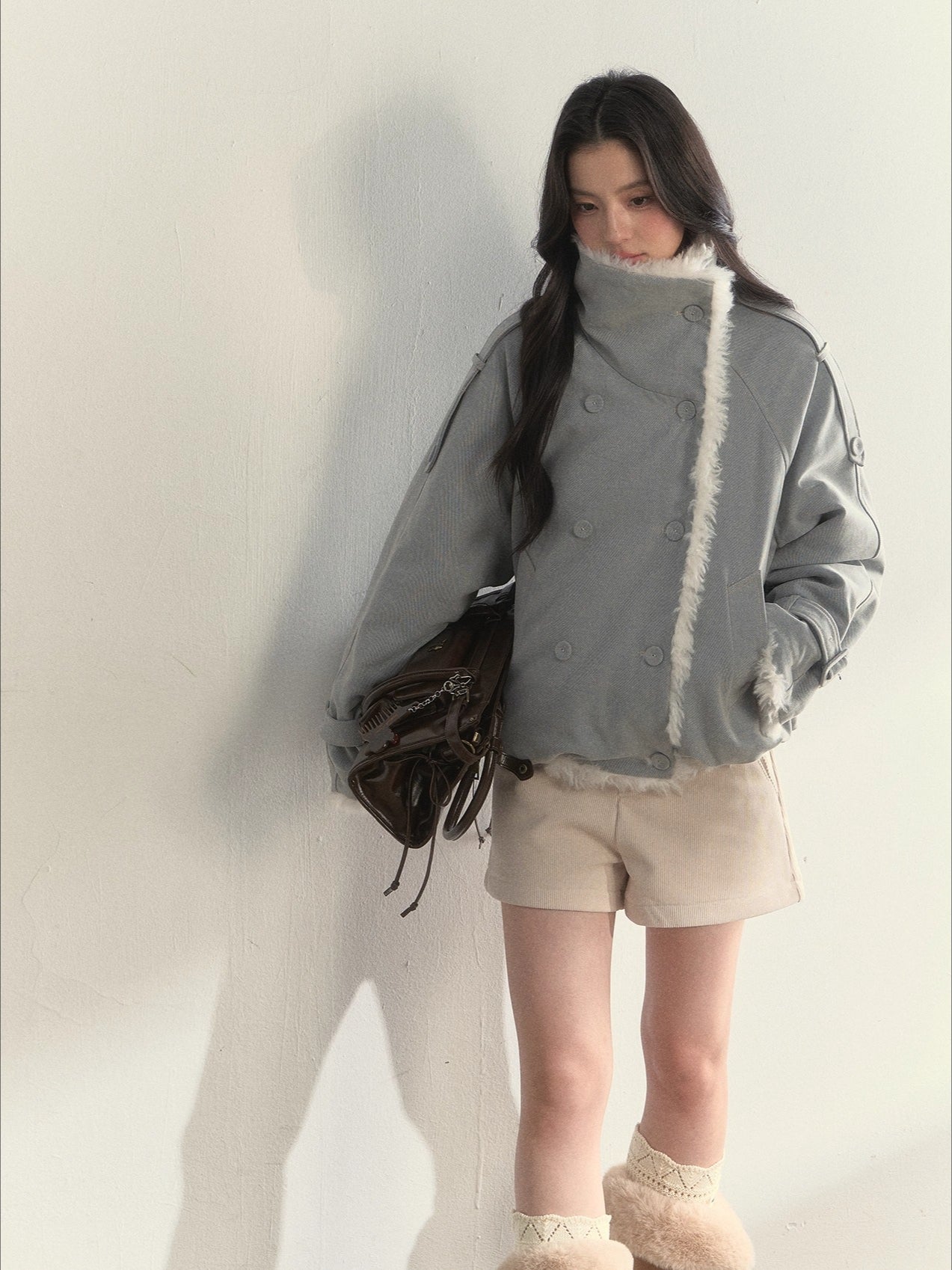 “Warm Oak Grove” Double-Breasted Faux Shearling Parka