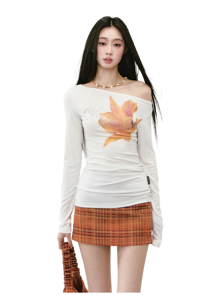 Floral Rhinestone Off-Shoulder Slim-Fit Long Sleeve T-shirt