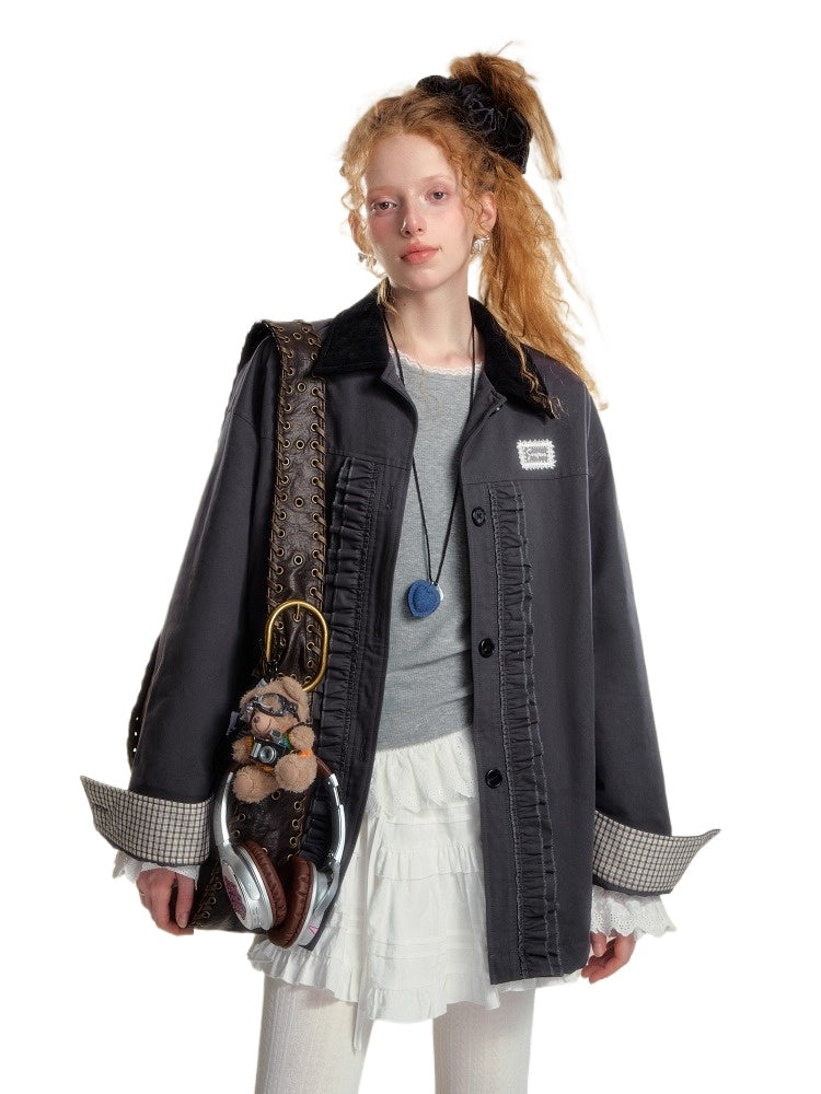 Colorblock Lapel Ruffle Puffer Coat