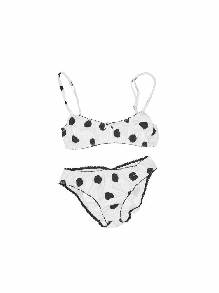 Contrast Polka Dot Lace-Trim Wireless Bra Two-Piece Set