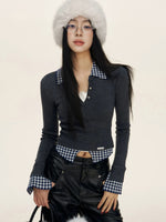 Gingham Layered Polo Knit Top