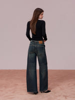 Retro Blue Studded Letter Wide-Leg Jeans