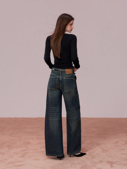 Retro Blue Studded Letter Wide-Leg Jeans