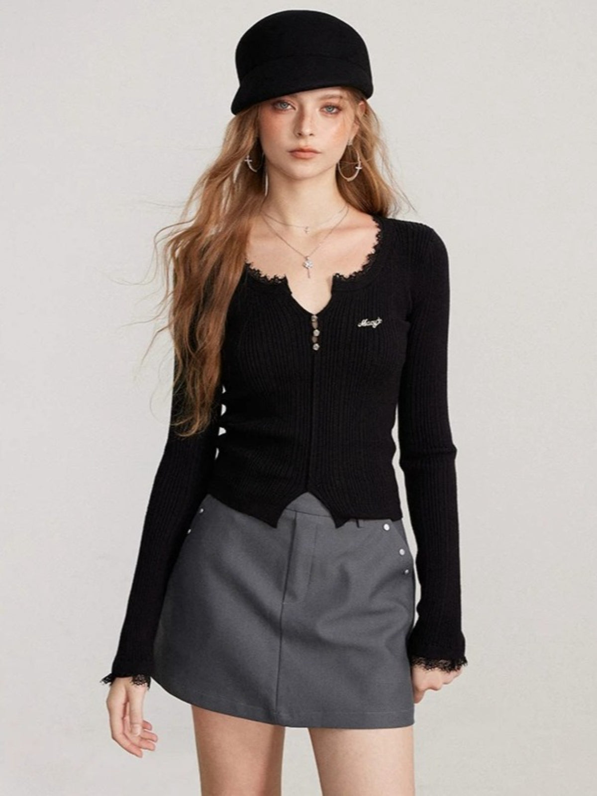 Lace Panel Ribbed Knit Sweater Top