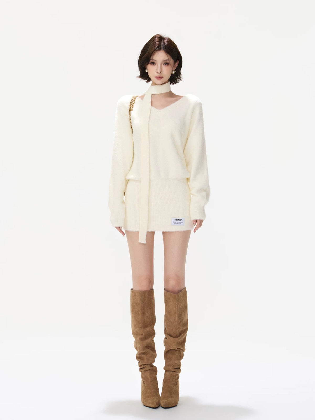 Convertible V Neck Fuzzy Knit Sweater