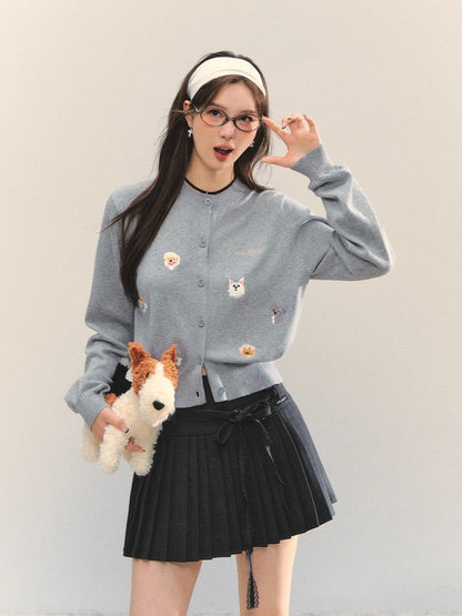 Gray &amp; Apricot Puppy-Embroidered Knit Cardigan