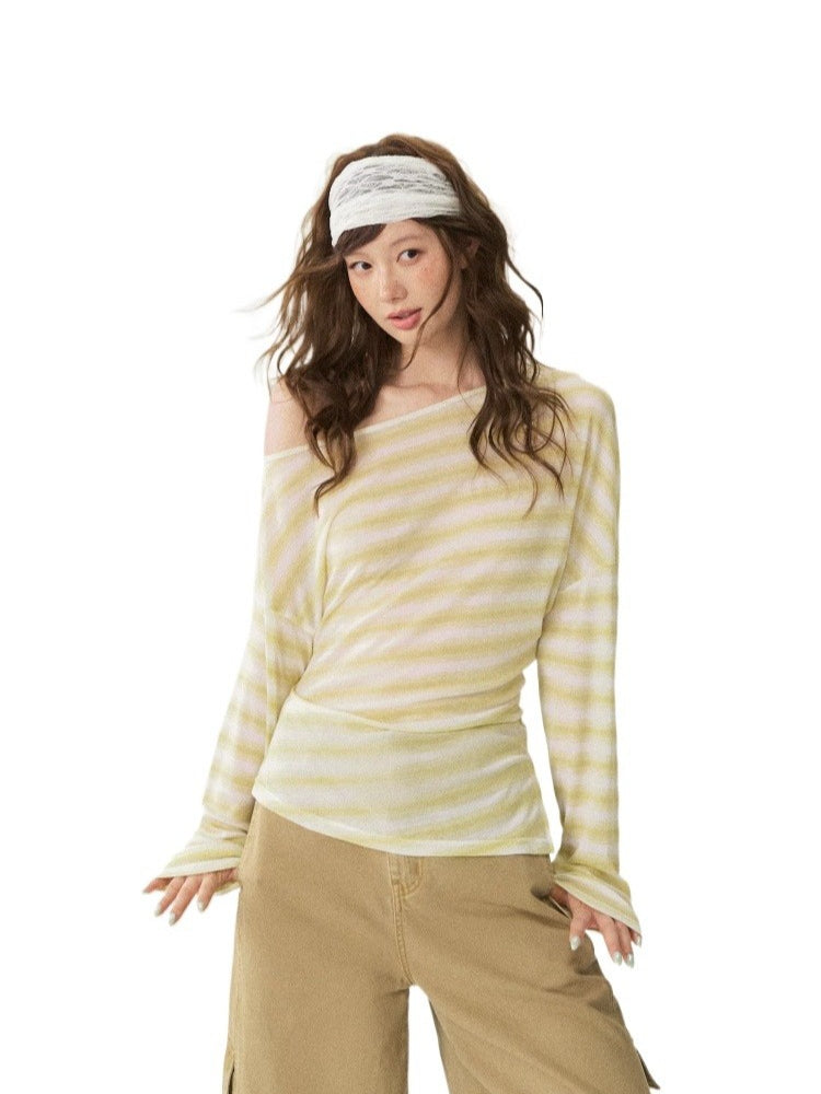 Sheer Off-Shoulder Striped Long Sleeve T-shirt