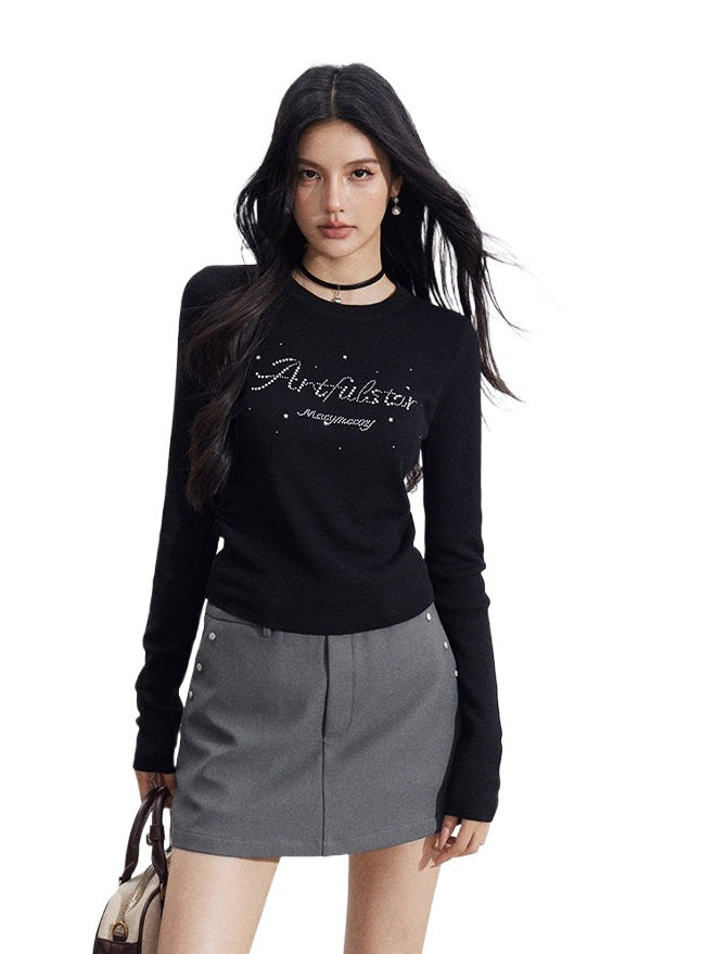 Black &amp; Beige Rhinestone Knit Top