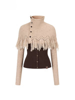 Color-Block High Neck Knit Top & Fringe Cape Set
