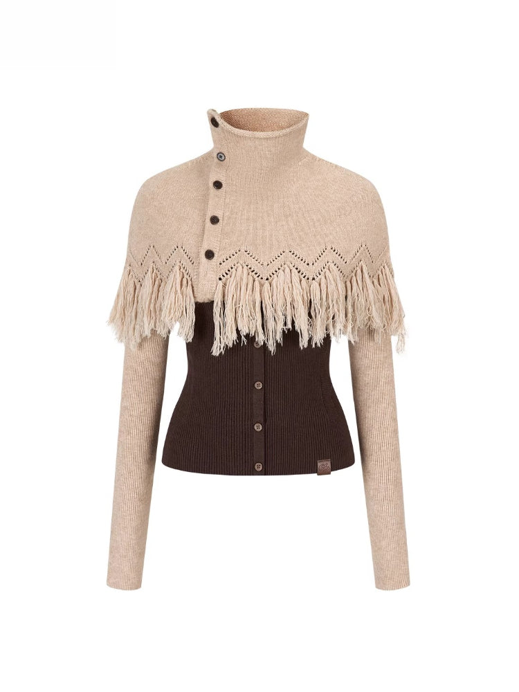 Color-Block High Neck Knit Top &amp; Fringe Cape Set