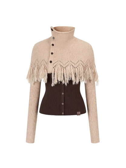 Color-Block High Neck Knit Top &amp; Fringe Cape Set
