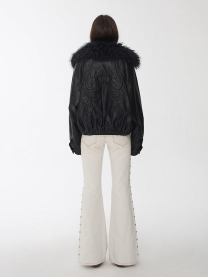 Embroidered Faux Fur Collar Leather Jacket