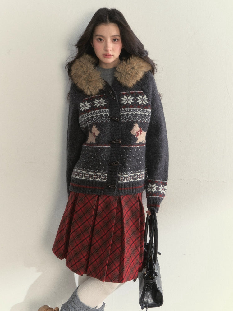 Fair Isle Dog Fur-Collar Cardigan