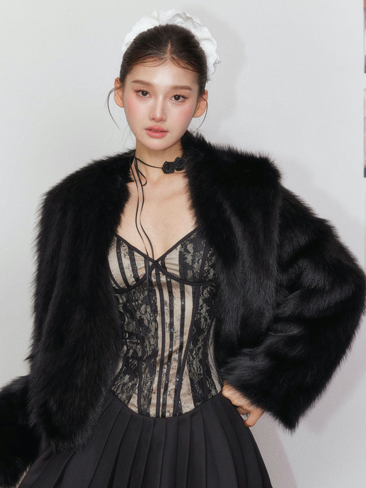 Pleated Lace Waist-Cinching Dress &amp; Coat Set