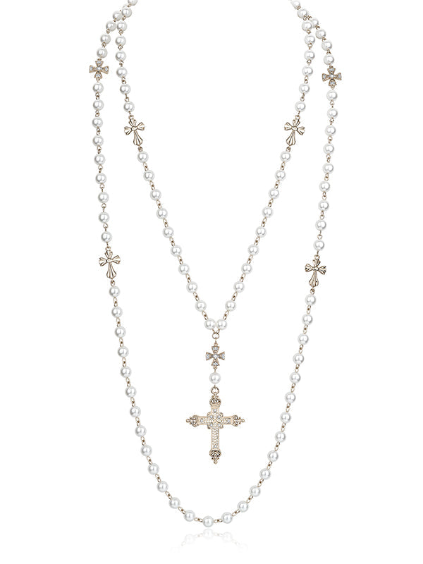 Double-Layered Pearl Fleur-de-Lis Cross Long Necklace