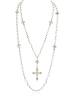 Double-Layered Pearl Fleur-de-Lis Cross Long Necklace