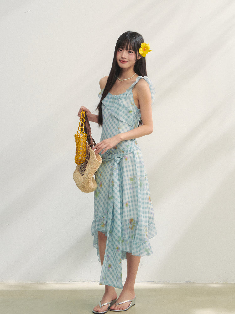 Checkered Print Asymmetrical Slip Dress