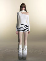 White Rhinestone Knit Off-Shoulder Slim-Fit T-Shirt