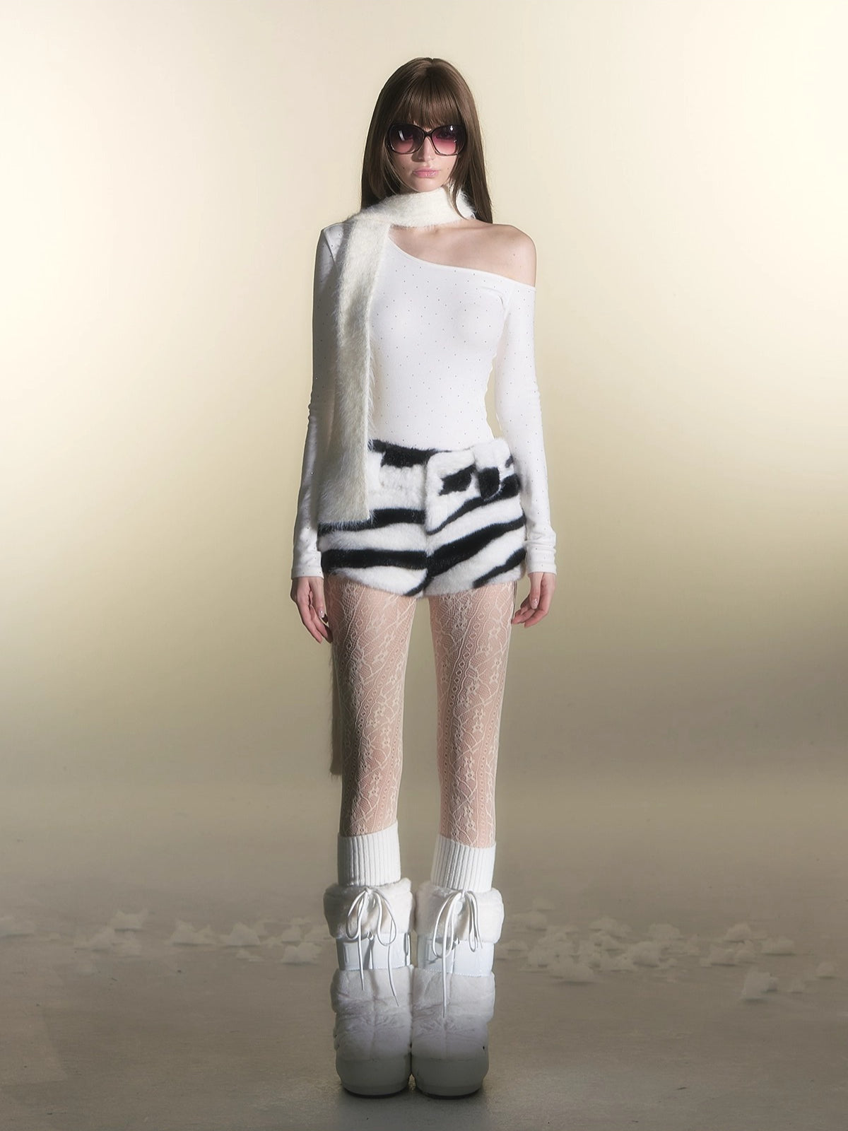 White Rhinestone Knit Off-Shoulder Slim-Fit T-Shirt