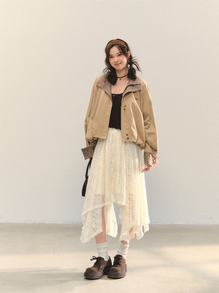 Two-piece Plaid Spliced Cocoon-shaped Trench Jacket