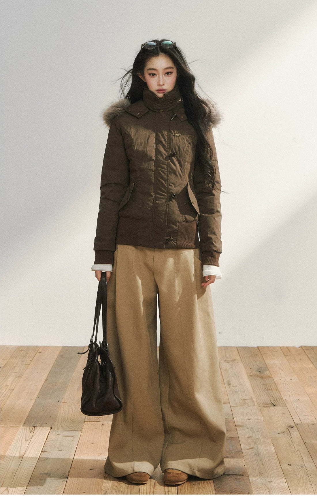Brown Faux Fur Hooded Toggle Coat
