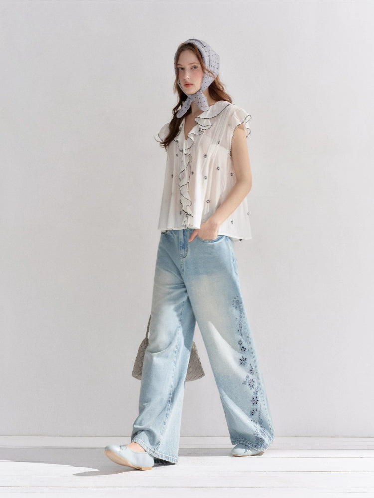 Embroidered Wide-Leg Jeans