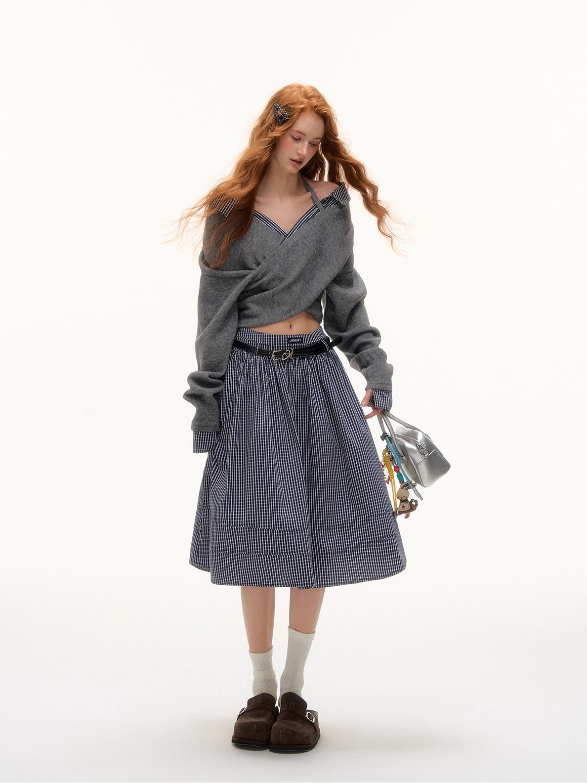 Off-Shoulder Plaid Panel Cross Sweater